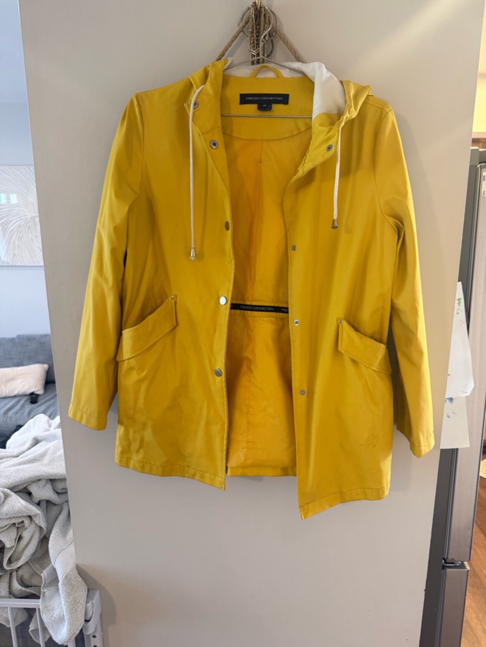 French Connection Bright Yellow Hooded Trench Coat